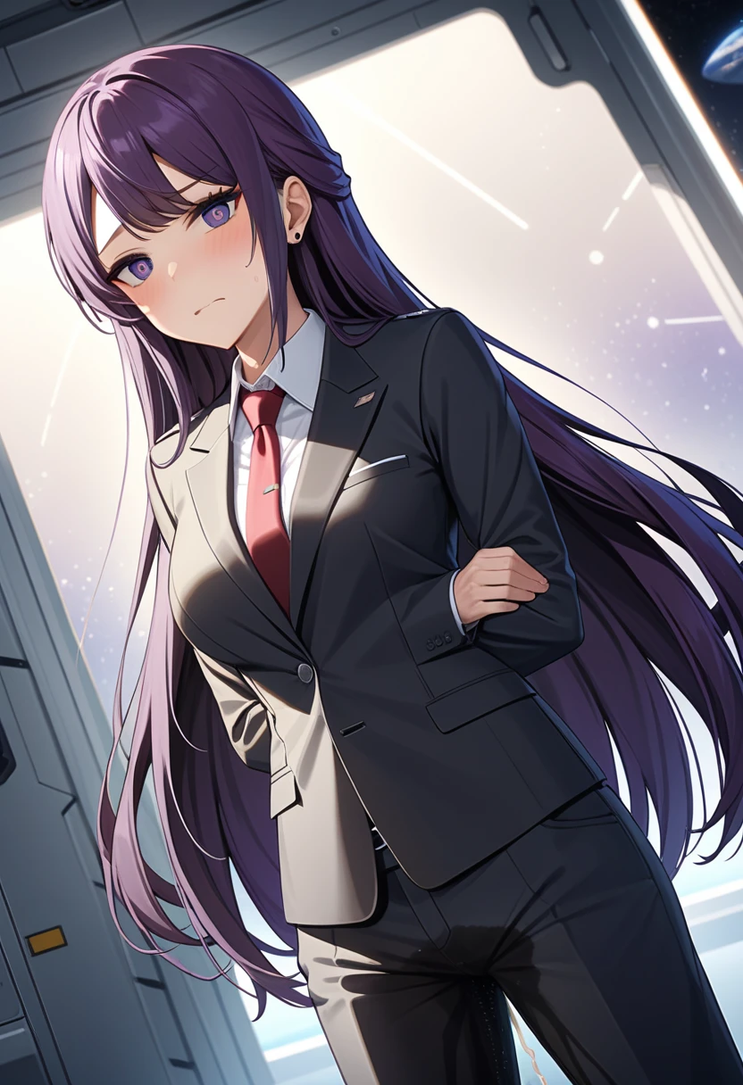 (high quality,Very detailed:1.37, High resolution), Woman, (mature:2.0), (Sakaki Yumiko:1.5), (very long hair:1.5), (dark purple hair:2.5), purple eyes, huge breasts, tuxedo, necktie, (sunglasses:1.5), (pants:1.5), (wetting herself:1.5), standing, (arms crossed:1.5), (embarrassed:1.5), (humiliation:1.5), (constricted pupils:1.5), (sweating:1.5), shaking, (trembling:1.5), (blushing:1.5), Meticulous details, (extremely detailed eys:1.37), space station, interior, science fiction, futuristic