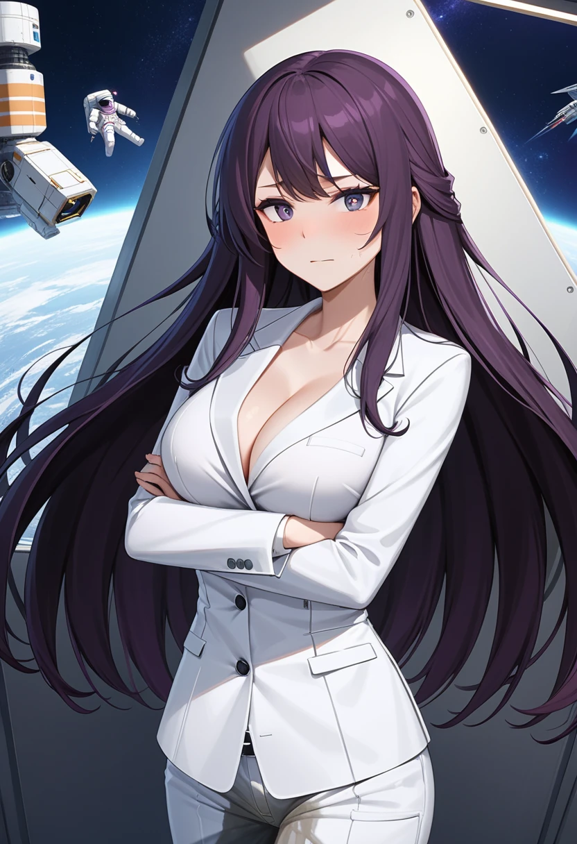 (high quality,Very detailed:1.37, High resolution), Woman, (mature:2.0), (Sakaki Yumiko:1.5), (very long hair:1.5), (dark purple hair:2.5), purple eyes, large breasts, tuxedo, necktie, (sunglasses:1.5), (pants:1.5), (wetting herself:1.5), standing, (arms crossed:1.5), (embarrassed:1.5), (humiliation:1.5), (constricted pupils:1.5), (sweating:1.5), shaking, (trembling:1.5), (blushing:1.5), Meticulous details, (extremely detailed eys:1.37), space station, interior, science fiction, futuristic