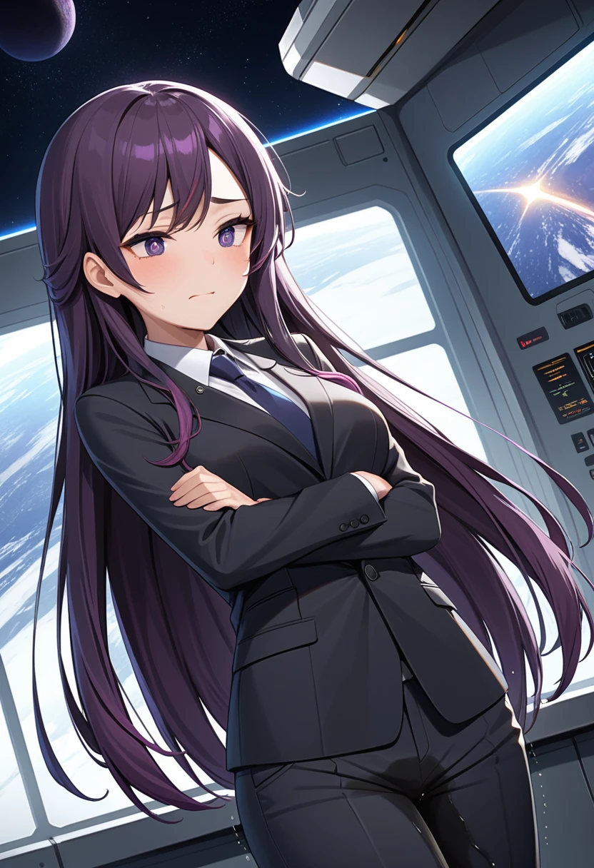 (high quality,Very detailed:1.37, High resolution), Woman, (mature:2.0), (Sakaki Yumiko:1.5), (very long hair:1.5), (dark purple hair:2.5), purple eyes, large breasts, tuxedo, necktie, (sunglasses:1.5), (pants:1.5), (wetting herself:1.5), standing, (arms crossed:1.5), (embarrassed:1.5), (humiliation:1.5), (constricted pupils:1.5), (sweating:1.5), shaking, (trembling:1.5), (blushing:1.5), Meticulous details, (extremely detailed eys:1.37), space station, interior, science fiction, futuristic