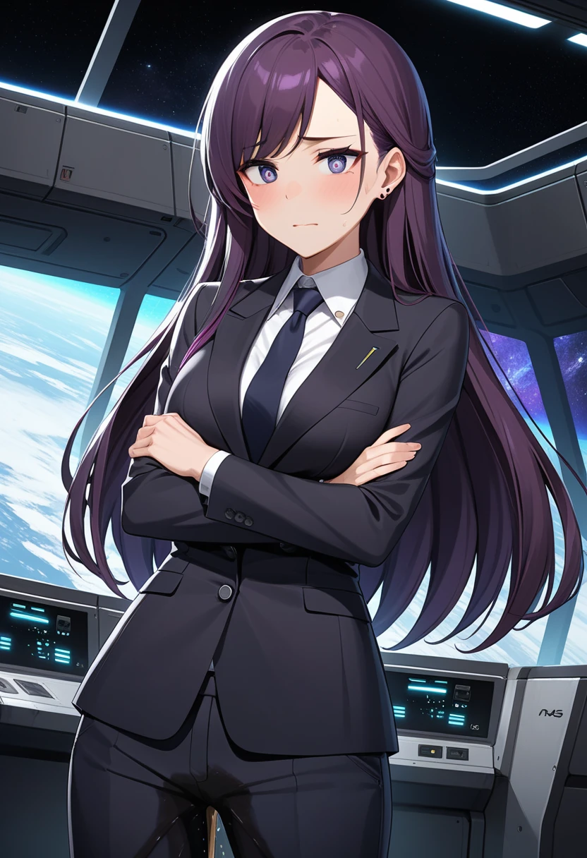 (high quality,Very detailed:1.37, High resolution), Woman, (mature:2.0), (Sakaki Yumiko:1.5), (very long hair:1.5), (dark purple hair:2.5), purple eyes, large breasts, tuxedo, necktie, (sunglasses:1.5), (pants:1.5), (wetting herself:1.5), standing, (arms crossed:1.5), (embarrassed:1.5), (humiliation:1.5), (constricted pupils:1.5), (sweating:1.5), shaking, (trembling:1.5), (blushing:1.5), Meticulous details, (extremely detailed eys:1.37), space station, interior, science fiction, futuristic