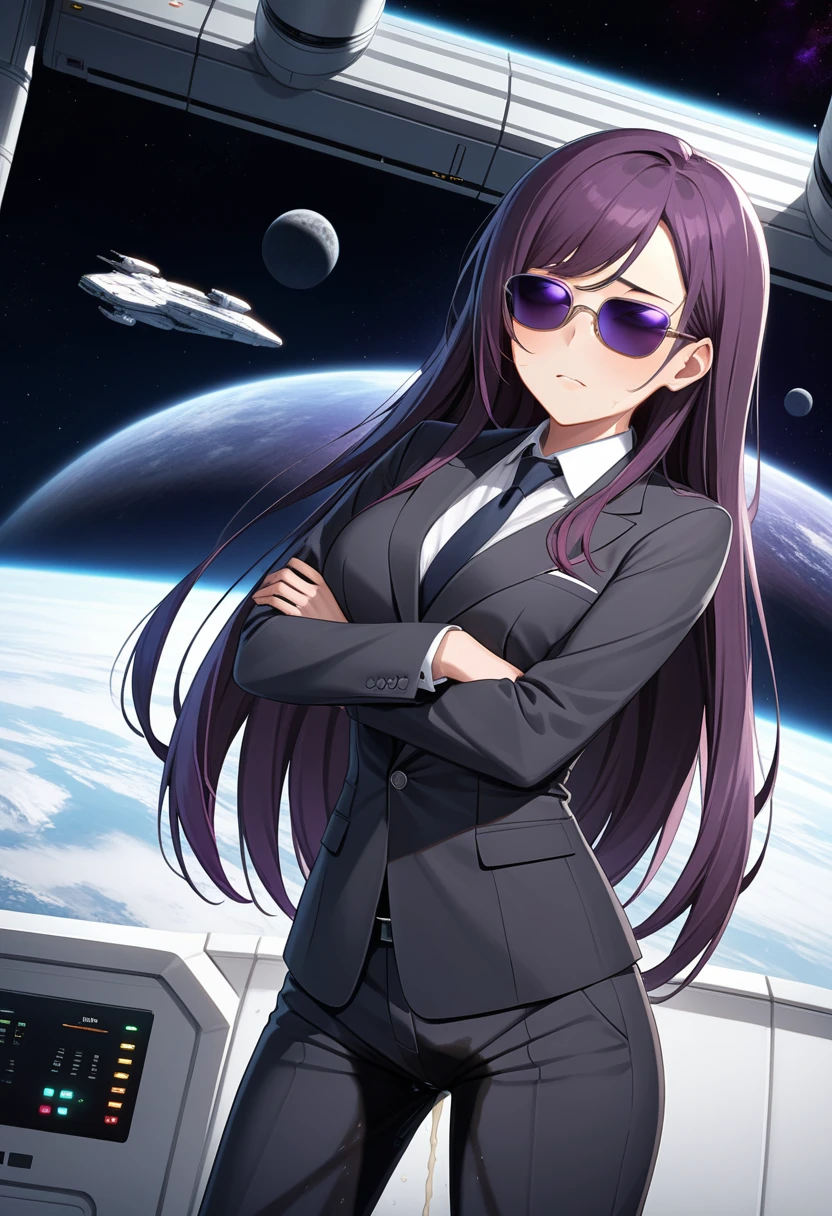 (high quality,Very detailed:1.37, High resolution), Woman, (mature:2.0), (Sakaki Yumiko:1.5), (very long hair:1.5), (dark purple hair:2.5), purple eyes, large breasts, tuxedo, necktie, (sunglasses:1.5), (pants:1.5), (wetting herself:1.5), standing, (arms crossed:1.5), (embarrassed:1.5), (humiliation:1.5), (constricted pupils:1.5), (sweating:1.5), shaking, (trembling:1.5), (blushing:1.5), Meticulous details, (extremely detailed eys:1.37), space station, interior, science fiction, futuristic