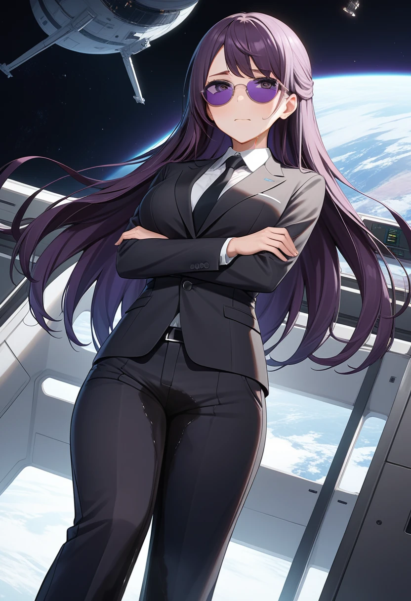 (high quality,Very detailed:1.37, High resolution), Woman, (mature:2.0), (Sakaki Yumiko:1.5), (very long hair:1.5), (dark purple hair:2.5), purple eyes, large breasts, tuxedo, necktie, (sunglasses:1.5), (pants:1.5), (wetting herself:1.5), standing, (arms crossed:1.5), (embarrassed:1.5), (humiliation:1.5), (constricted pupils:1.5), (sweating:1.5), shaking, (trembling:1.5), (blushing:1.5), Meticulous details, (extremely detailed eys:1.37), space station, interior, science fiction, futuristic