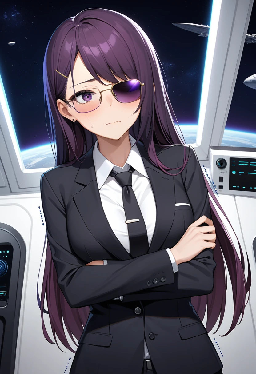 (high quality,Very detailed:1.37, High resolution), Woman, (mature:2.0), (Sakaki Yumiko:1.5), (very long hair:1.5), (dark purple hair:2.5), purple eyes, large breasts, tuxedo, necktie, (sunglasses:1.5), (pants:1.5), (wetting herself:1.5), standing, (arms crossed:1.5), (embarrassed:1.5), (humiliation:1.5), (constricted pupils:1.5), (sweating:1.5), shaking, (trembling:1.5), (blushing:1.5), Meticulous details, (extremely detailed eys:1.37), space station, interior, science fiction, futuristic