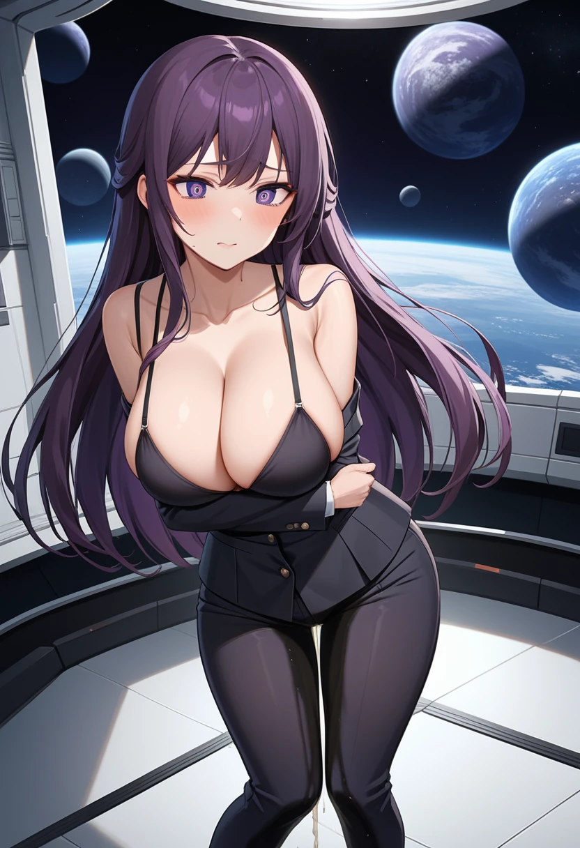 (high quality,Very detailed:1.37, High resolution), Woman, (mature:2.0), (Sakaki Yumiko:1.5), (very long hair:1.5), (dark purple hair:2.5), purple eyes, huge breasts, tuxedo, necktie, (sunglasses:1.5), (pants:1.5), (wetting herself:1.5), standing, (arms crossed:1.5), (embarrassed:1.5), (humiliation:1.5), (constricted pupils:1.5), (sweating:1.5), shaking, (trembling:1.5), (blushing:1.5), Meticulous details, (extremely detailed eys:1.37), space station, interior, science fiction, futuristic