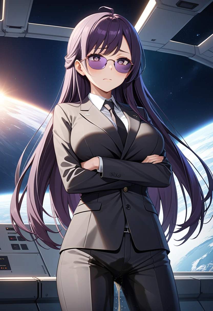 (high quality,Very detailed:1.37, High resolution), Woman, (mature:2.0), (Sakaki Yumiko:1.5), (very long hair:1.5), (dark purple hair:2.5), purple eyes, huge breasts, tuxedo, necktie, (sunglasses:1.5), (pants:1.5), (wetting herself:1.5), standing, (arms crossed:1.5), (embarrassed:1.5), (humiliation:1.5), (constricted pupils:1.5), (sweating:1.5), shaking, (trembling:1.5), (blushing:1.5), Meticulous details, (extremely detailed eys:1.37), space station, interior, science fiction, futuristic