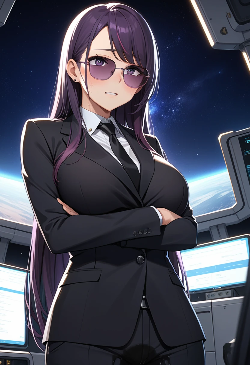 (high quality,Very detailed:1.37, High resolution), Woman, (mature:2.0), (Sakaki Yumiko:1.5), (very long hair:1.5), (dark purple hair:2.5), purple eyes, huge breasts, tuxedo, necktie, (sunglasses:1.5), (pants:1.5), (wetting herself:1.5), standing, (arms crossed:1.5), (embarrassed:1.5), (humiliation:1.5), (constricted pupils:1.5), (sweating:1.5), shaking, (trembling:1.5), (blushing:1.5), Meticulous details, (extremely detailed eys:1.37), space station, interior, science fiction, futuristic