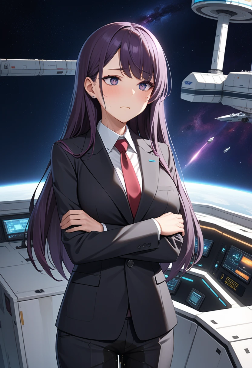 (high quality,Very detailed:1.37, High resolution), Woman, (mature:2.0), (Sakaki Yumiko:1.5), (very long hair:1.5), (dark purple hair:2.5), purple eyes, huge breasts, tuxedo, necktie, (sunglasses:1.5), (pants:1.5), (wetting herself:1.5), standing, (arms crossed:1.5), (embarrassed:1.5), (humiliation:1.5), (constricted pupils:1.5), (sweating:1.5), shaking, (trembling:1.5), (blushing:1.5), Meticulous details, (extremely detailed eys:1.37), space station, interior, science fiction, futuristic