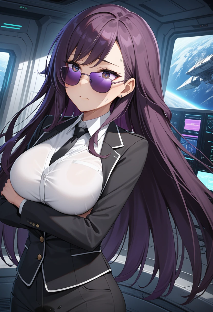 (high quality,Very detailed:1.37, High resolution), Woman, (mature:2.0), (Sakaki Yumiko:1.5), (very long hair:1.5), (dark purple hair:2.5), purple eyes, huge breasts, tuxedo, necktie, (long pencil skirt:1.5), (wetting herself:2.0), standing, embarrassed, humiliation, (sweating:1.5), shaking, (trembling:1.5), (blushing:1.5), Meticulous details, (extremely detailed eyes:1.37), space station, interior, science fiction, futuristic