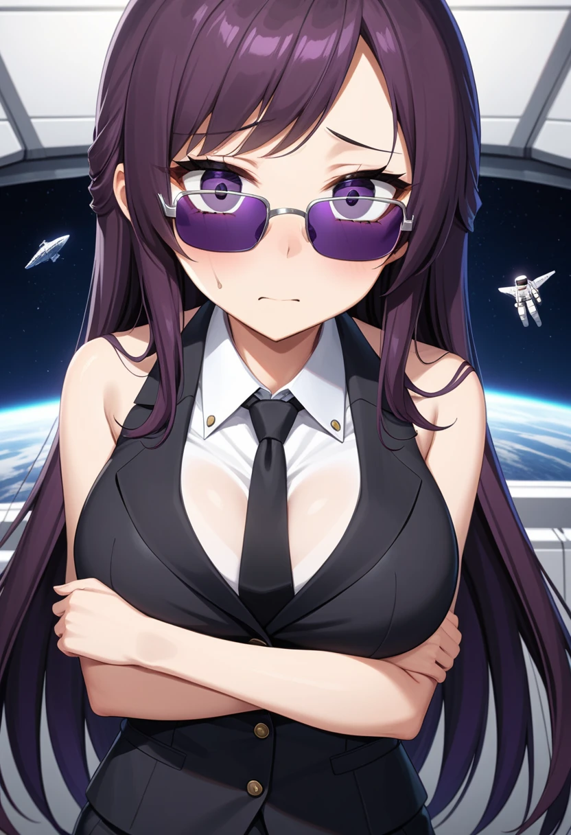 (high quality,Very detailed:1.37, High resolution), Woman, (mature:2.0), (Sakaki Yumiko:1.5), (very long hair:1.5), (dark purple hair:2.5), purple eyes, huge breasts, tuxedo, necktie, (sunglasses:1.5), (pants:1.5), (wetting herself:1.5), standing, (arms crossed:1.5), (embarrassed:1.5), (humiliation:1.5), (constricted pupils:1.5), (sweating:1.5), shaking, (trembling:1.5), (blushing:1.5), Meticulous details, (extremely detailed eys:1.37), space station, interior, science fiction, futuristic