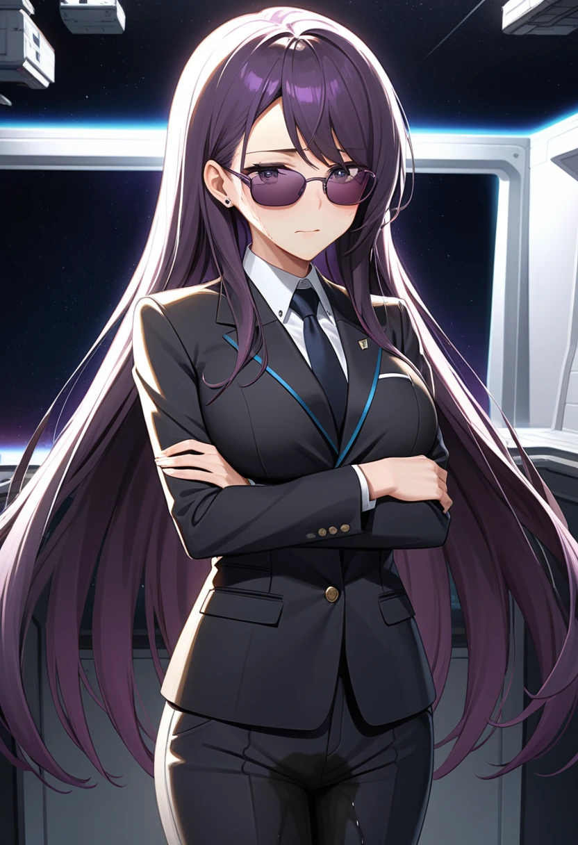 (high quality,Very detailed:1.37, High resolution), Woman, (mature:2.0), (Sakaki Yumiko:1.5), (very long hair:1.5), (dark purple hair:2.5), purple eyes, huge breasts, tuxedo, necktie, (sunglasses:1.5), (pants:1.5), (wetting herself:1.5), standing, (arms crossed:1.5), (embarrassed:1.5), (humiliation:1.5), (constricted pupils:1.5), (sweating:1.5), shaking, (trembling:1.5), (blushing:1.5), Meticulous details, (extremely detailed eys:1.37), space station, interior, science fiction, futuristic