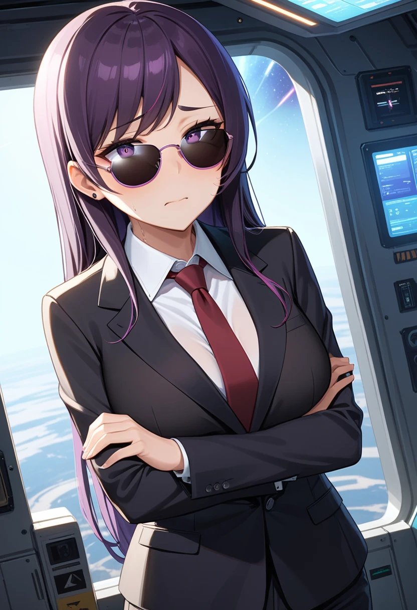 (high quality,Very detailed:1.37, High resolution), Woman, (mature:2.0), (Sakaki Yumiko:1.5), (very long hair:1.5), (dark purple hair:2.5), purple eyes, huge breasts, tuxedo, necktie, (sunglasses:1.5), (pants:1.5), (wetting herself:1.5), standing, (arms crossed:1.5), (embarrassed:1.5), (humiliation:1.5), (constricted pupils:1.5), (sweating:1.5), shaking, (trembling:1.5), (blushing:1.5), Meticulous details, (extremely detailed eys:1.37), space station, interior, science fiction, futuristic