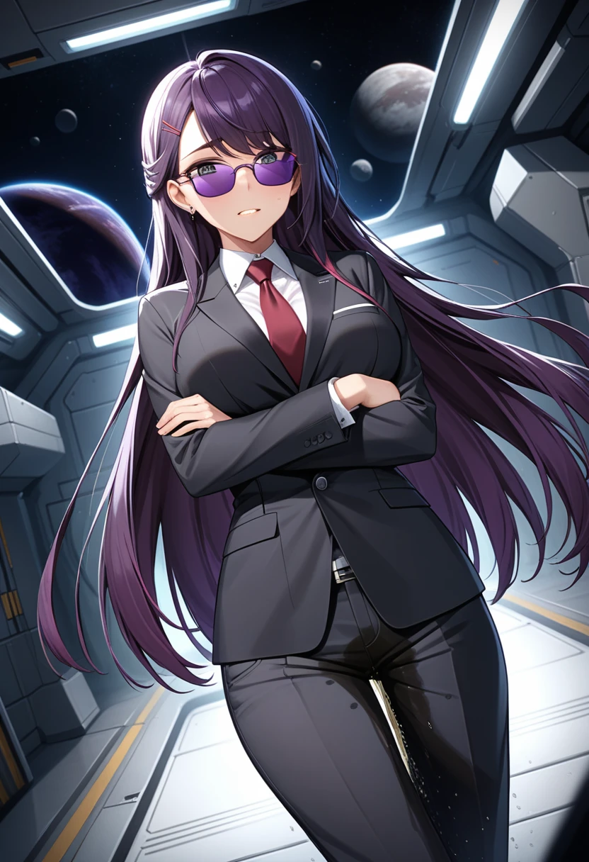 (high quality,Very detailed:1.37, High resolution), Woman, (mature:2.0), (Sakaki Yumiko:1.5), (very long hair:1.5), (dark purple hair:2.5), purple eyes, large breasts, tuxedo, necktie, pants, (wetting herself:1.5), standing, (arms crossed:1.5), (embarrassed:1.5), (humiliation:1.5), (constricted pupils:1.5), (sweating:1.5), shaking, (trembling:1.5), (blushing:1.5), Meticulous details, (extremely detailed eys:1.37), space station, interior, science fiction, futuristic