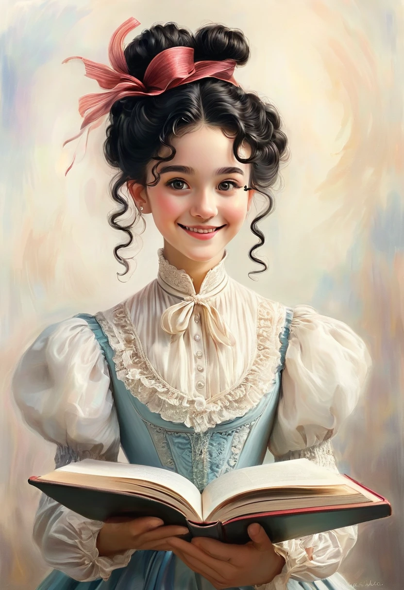 A colored pencil drawing of a pretty smiling happy victorian governess, curly black hair. Kind and inteligent, joyful energy. hair in bun, hat. book of poetry in hand.