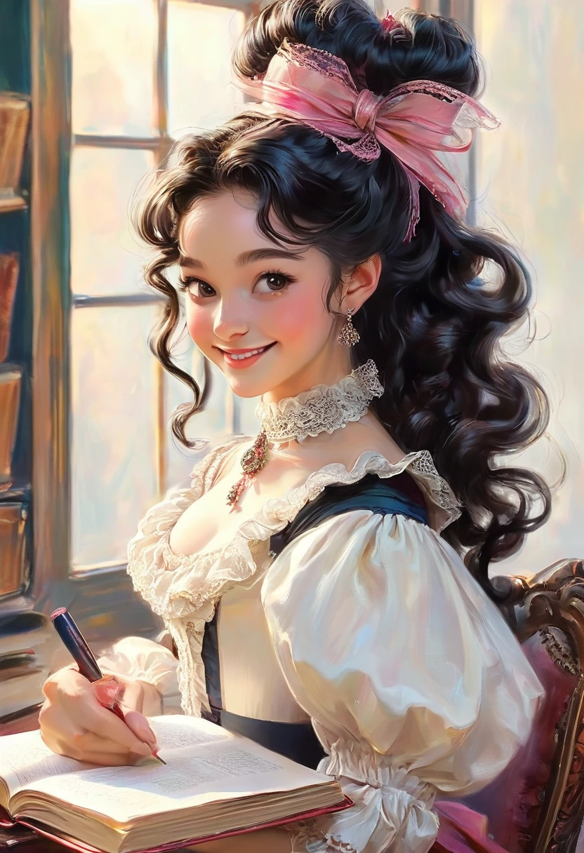 A colored pencil drawing of a pretty smiling happy victorian governess, curly black hair. Kind and inteligent, joyful energy. hair in bun, hat. book of poetry in hand.