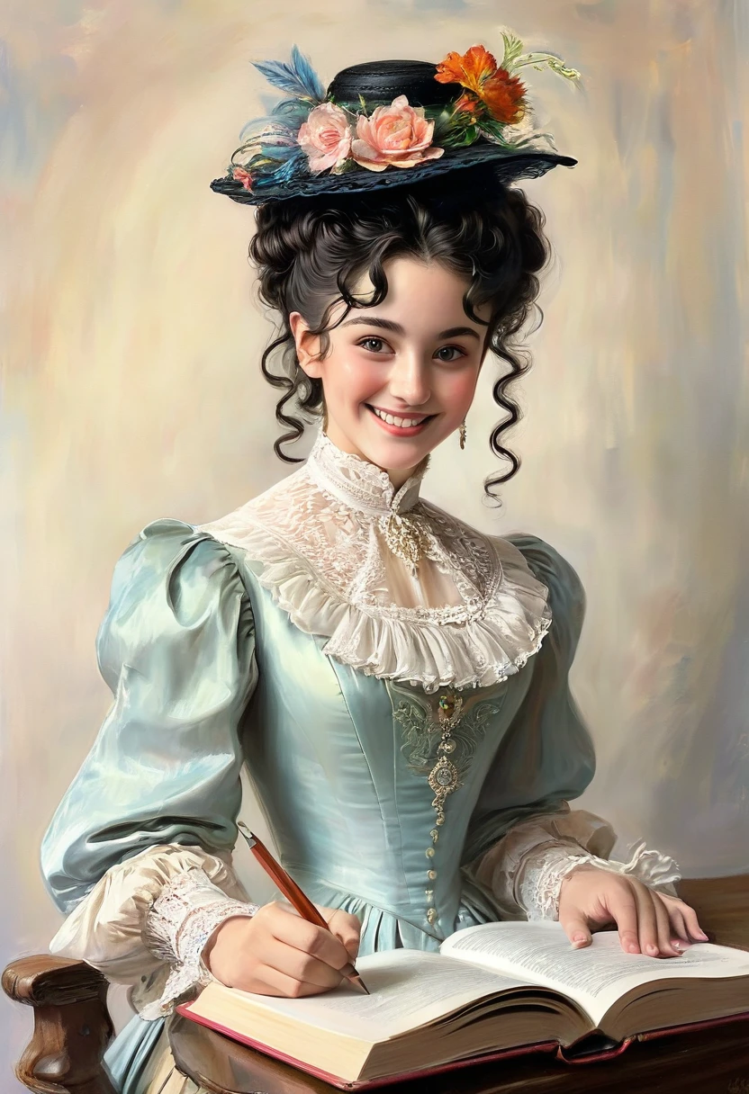 A colored pencil drawing of a pretty  smiling happy victorian governess, curly black hair. Kind and inteligent, joyful  energy. hair in bun, hat. book of poetry in hand.
