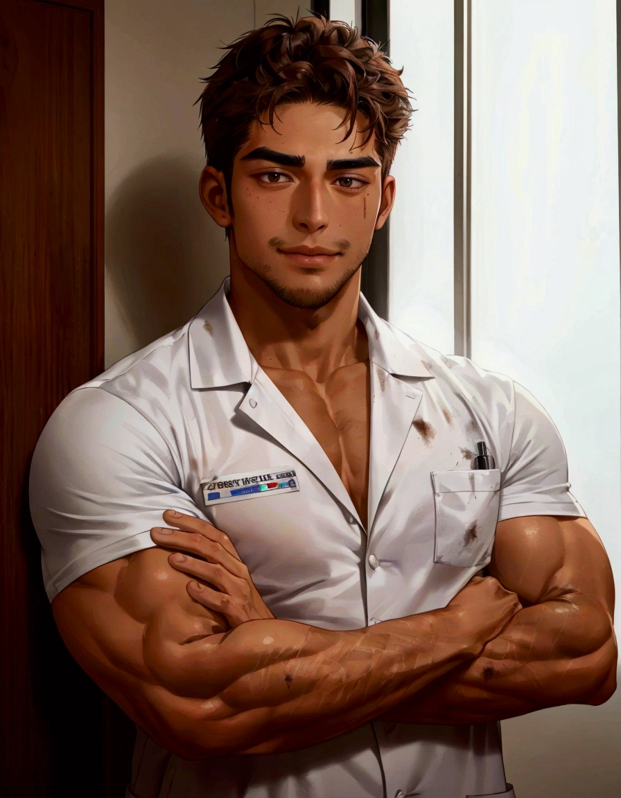 Medium shot,Medicine student,Cross your arms over your chest, cool , masculine,big muscle, 22 year old,tan skin,(messy brown hair),soft facial hair,handsome , in university ,confidence,smirk