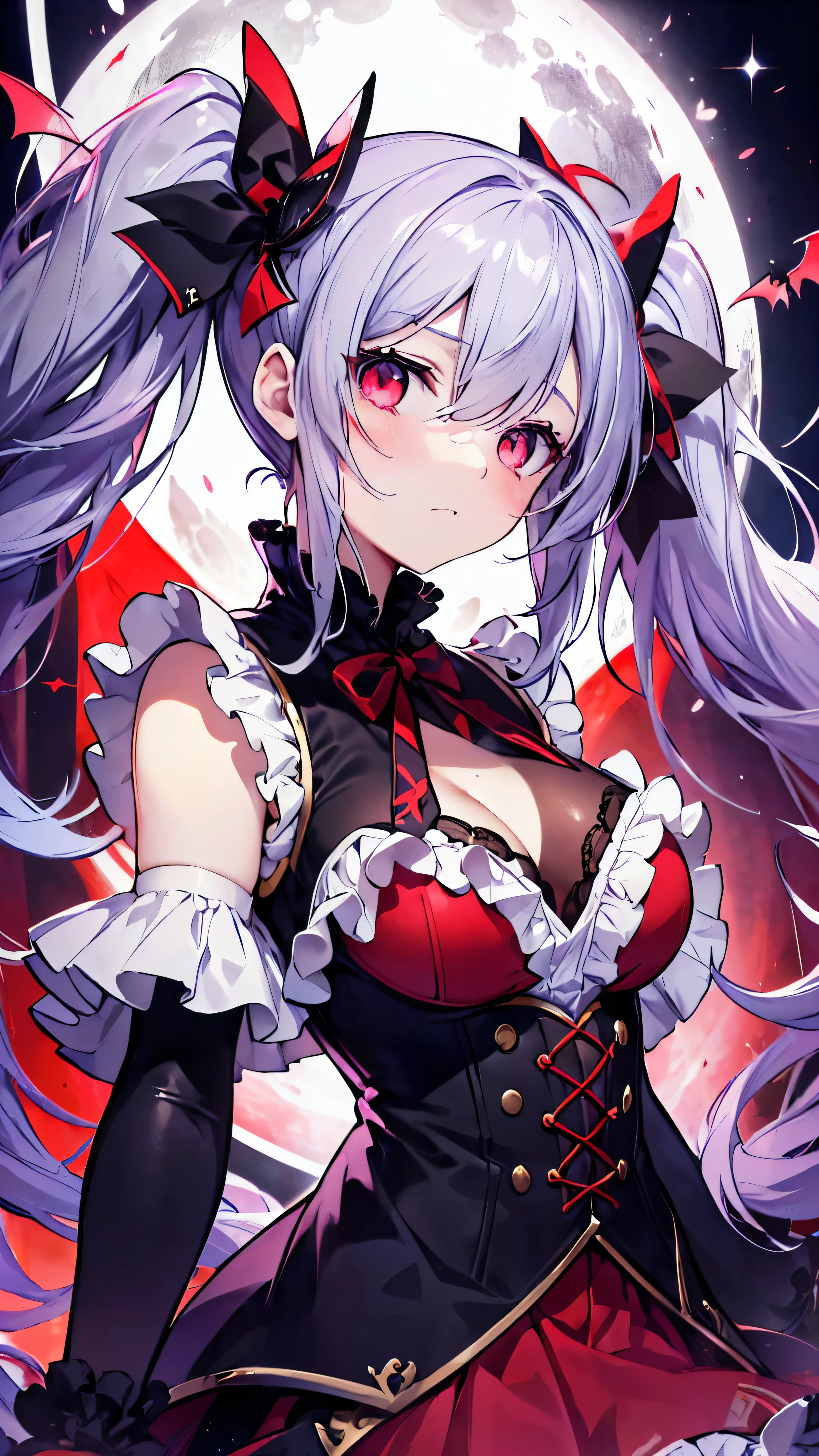 ((ultra detailed, exquisite quality, absolutely resolution)), (anime moe art style:1.3), (((young face solo Vampire girl))), ((Sexy and super cute red and black dress with ribbon and ruffles), (vampire dress), lace lingerie, (huge breasts), breasts cleavage, (hair silver hair), (((long twintails:1.5))), fluffy Expressive twintails, kawaii face, ((embarrassed face, in heat)), backlighting, particle effect, caustics, super detailed skin, (hyper detail delicate eyes), (eyes red eyes), (looking down, from below:1.3), full body, (Holds big grim:1.5), (acrobatic pause, dynamic pause, dynamic angle, dach angle:1.5), (upskirt:1.5), A blood moon, (magic circle:1.5), (moon light:1.3),  