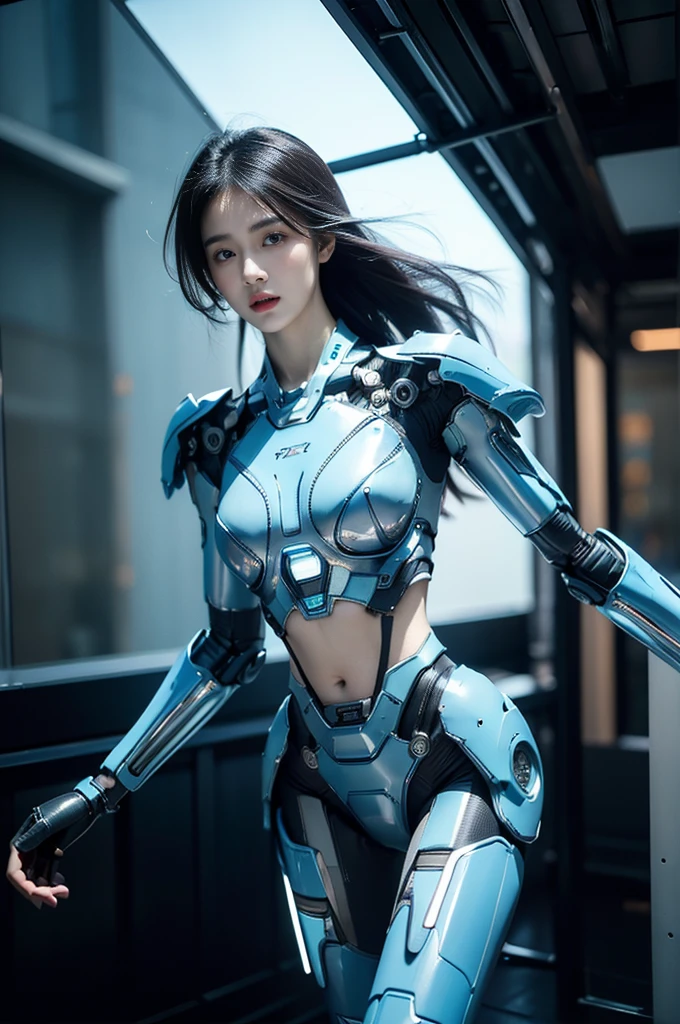 best quality, 1080P, Masterpiece, Whole body photo, Ultra high resolution, photorealistic photo, ultra realism, Realistic skin texture, Blue Hair, Extreme skin detail, dslr, Detailed eyes, Facing the camera, Very beautiful face, Firm facial structure, Pale skin, Realistic skin texture, Extreme skin detail, oc render reflection textures, Realistic light and shadow, One picture, alone, The body is slender and balanced.., Age 20, Height 170, สาวbare, bare, no underwear, A girl with the body of a mechanical robot.., Transparent futuristic black glass mech armor., Transparent light blue armor, The mechanical ?????? is stuck in the neck.., Flat stomach, Woman with perfect mechanical arms and legs, full body view, Whole body photo,