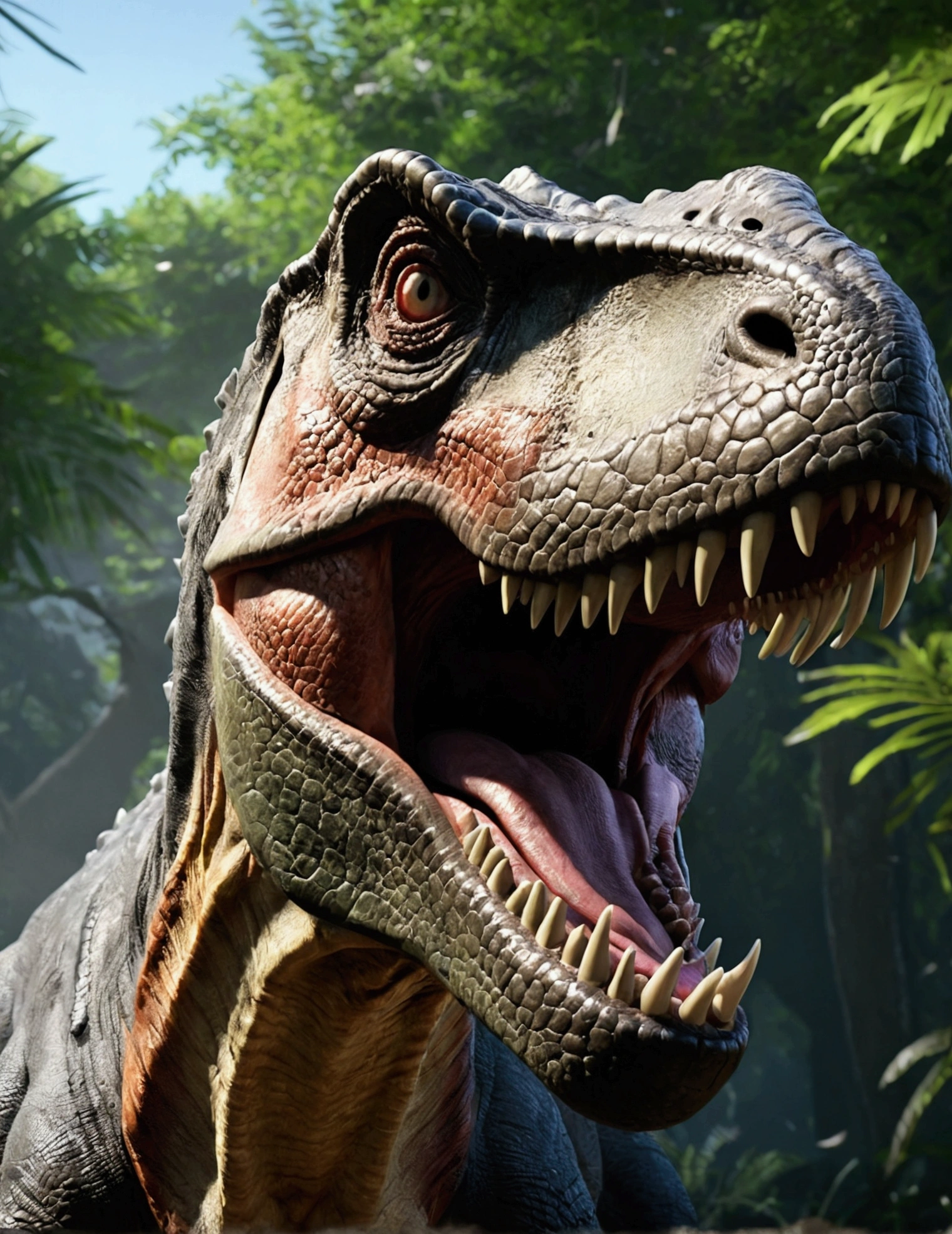masterpiece、Realistic、Highest quality、4K、Mouth wide open、barking、Tyrannosaurus、Create hdr max of dinosaur AI8k