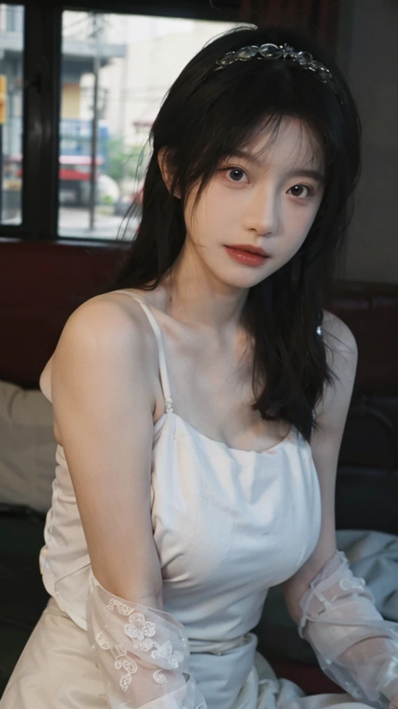 Portrait photography,1 girl,Wedding dress,Wedding dress背景,Push-up non-slip tube top ,(whole body:1.4),Lipstick,(Big Breasts:1.4),Headband,serene,calm,(Realistic and detailed eyes,Natural skin texture,Realistic facial details),