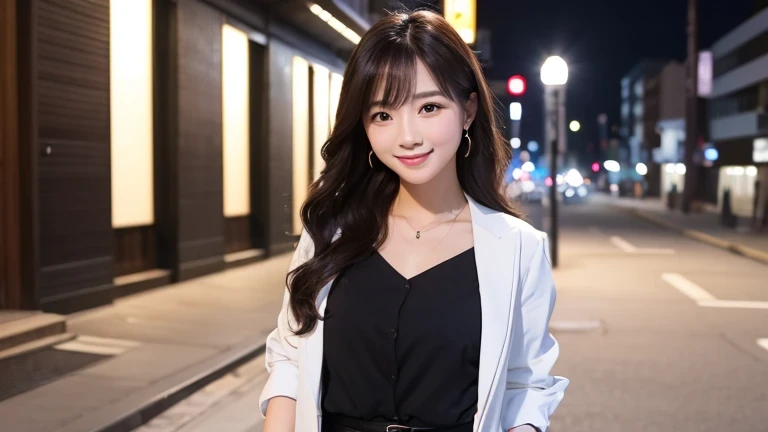 Produce the highest quality and highest resolution 8K images。Please draw the upper body of a 20 year old Japanese woman.。Please draw a picture of a walk through the city at night.。She has brown eyes and a model-like figure、She has an idol-level cute face.。The hair is wavy。Clothes、Dressed in stylish office casual wear。The skin is、It is a natural skin color。she、Looking at you with a smile。