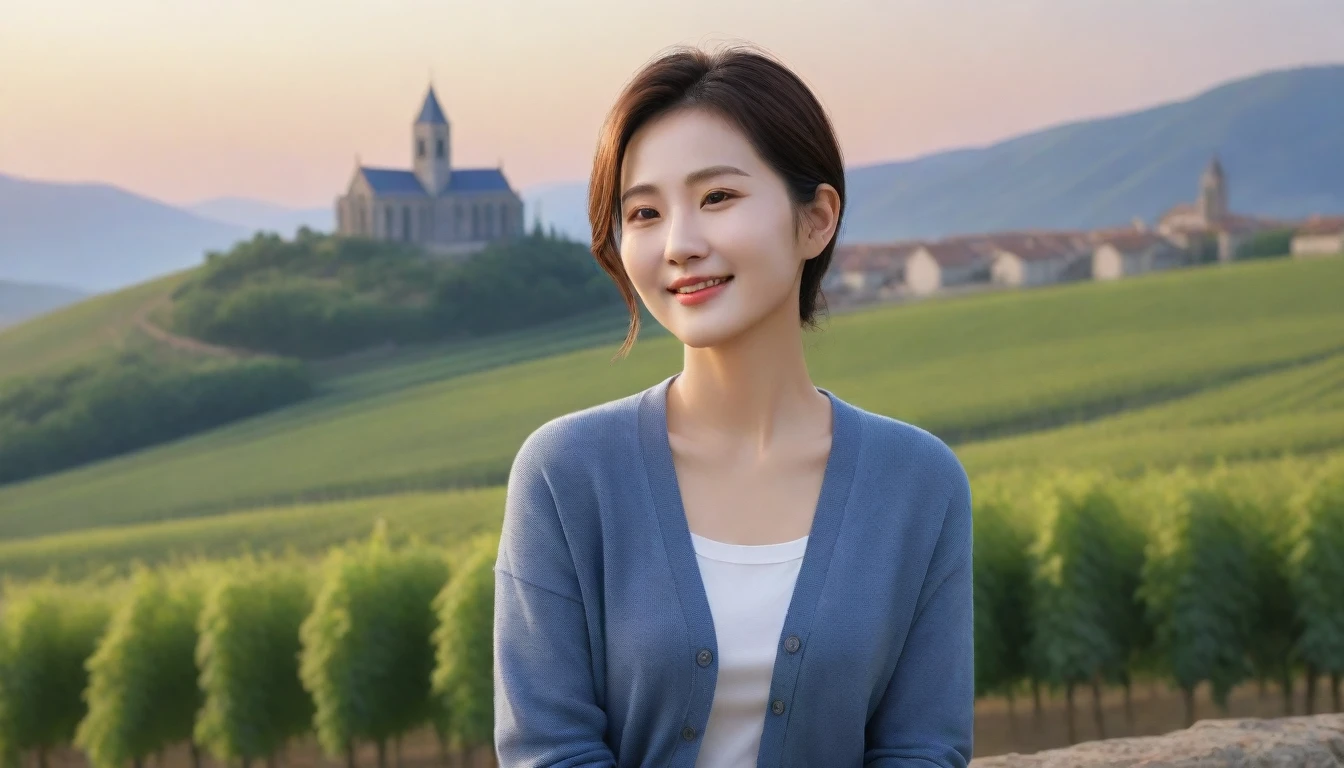 8k best picture quality, Beautiful 36-year-old Korean woman, Chest size 34 inches, Dawn in the French countryside, View of the cathedral next to the vineyards, The back background is realistic and vivid image quality, short medium hair,  Wear a shirt and cardigan and casual pants, Smile slightly. the background is clear, looking up the side., sitting on the hill