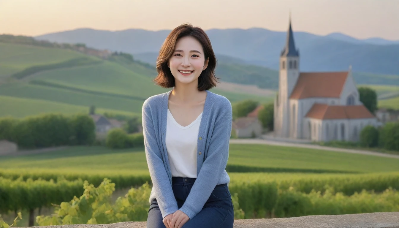 8k best picture quality, Beautiful 36-year-old Korean woman, Chest size 34 inches, Dawn in the French countryside, View of the cathedral next to the vineyards, The back background is realistic and vivid image quality, short medium hair,  Wear a shirt and cardigan and casual pants, Smile slightly. the background is clear, looking up the side., sitting on the hill