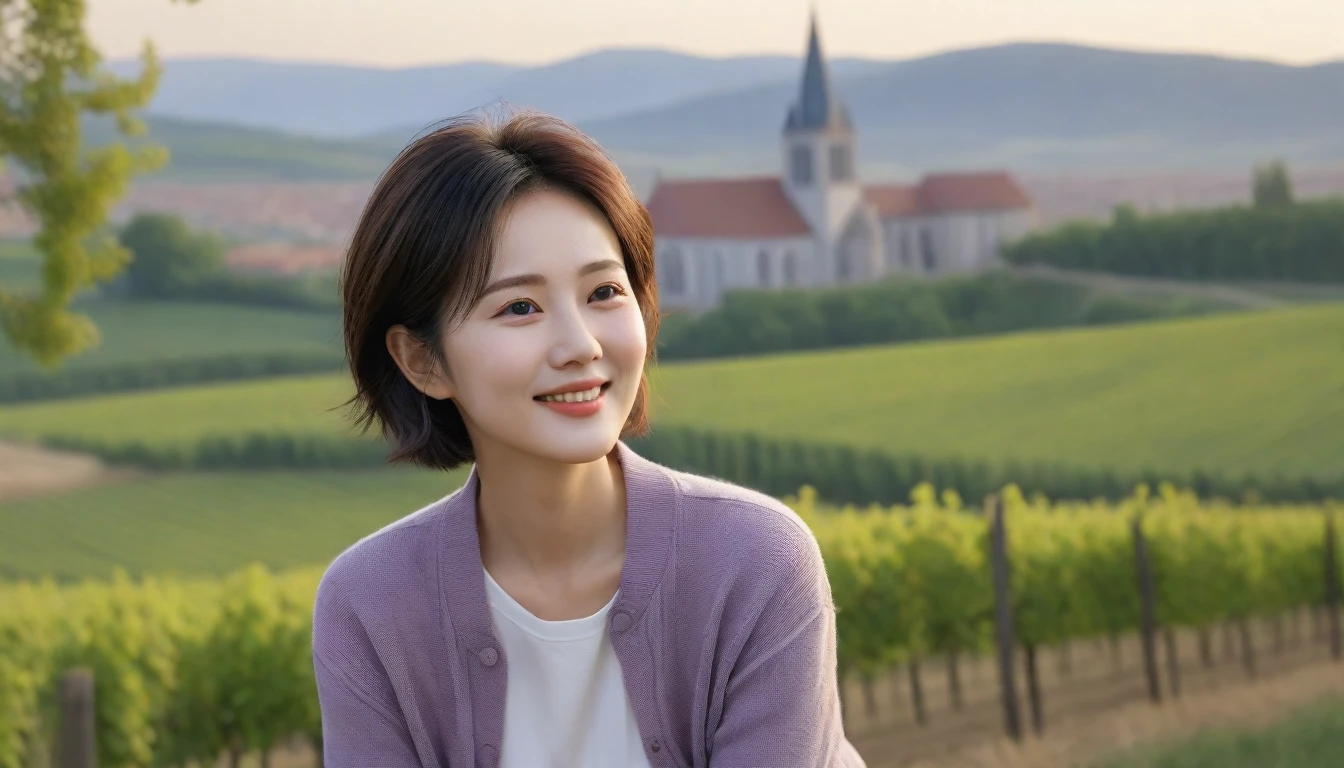 8k best picture quality, Beautiful 36-year-old Korean woman, Chest size 34 inches, Dawn in the French countryside, View of the cathedral next to the vineyards, The back background is realistic and vivid image quality, short medium hair, Wear a shirt and cardigan and casual pants, Smile slightly. the background is clear, looking up the side., sitting on the hill