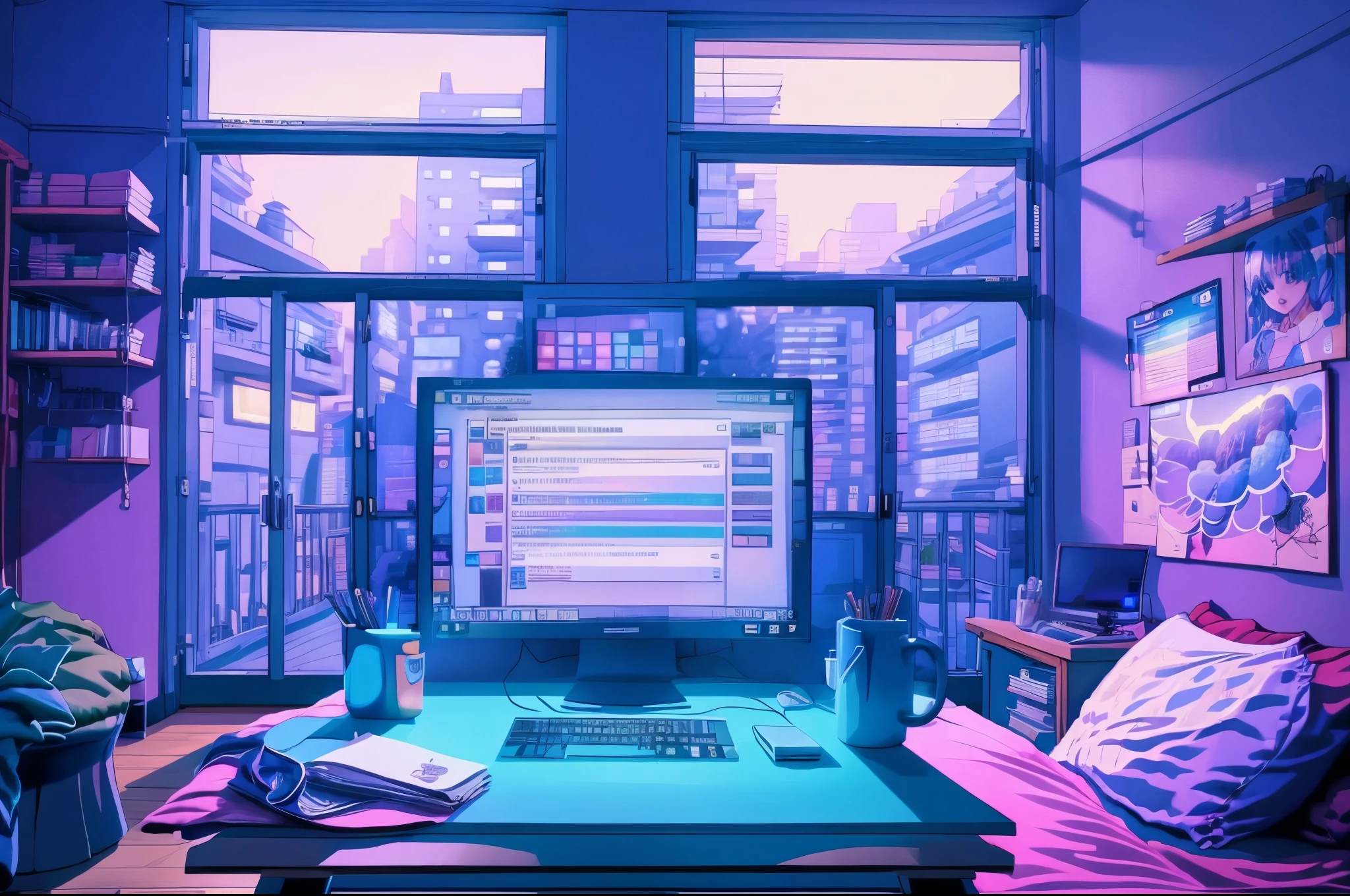 Girl is a trader, Pink Theme, Style Anime, computer, living room, in the computer screen is chart stock night light , (Very detailed:1.2), (Warm Light:1.2), masterpiece, Surreal,32K, Very detailedCG Unity 8K壁紙, Highest quality  (masterpiece,Highest quality:1.5)