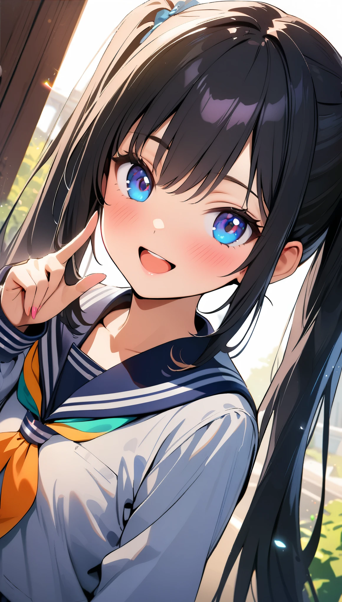 (Highest quality:1.2, 4K, 8k, Very detailed, up to date, Vibrant, Attention to detail, masterpiece:1.2, Highest quality, Best aesthetics), (1 girl, 18 year old beautiful girl), JK, Sailor suit, Pleated skirt, Open your mouth:1.2, Cute Smile:1.1, (Black Hair, Long twin tails), Dynamic Angle, Friendly atmosphere, Beautiful Hair, Shiny Hair, Beautiful Skin, Detailed face and eyes, Glossy Lips, Fine fingers, Accurate Fingers, It's not an unnatural hand., figure, Staring at the audience:1.2, (((Popsicles:1.1, Open your mouth咥える, Lustrous lips, Focus on lips, Face Up Shot))), Lush green park:1.2, Colorful flowers, Light and shadow with attention to detail, Background Blur.