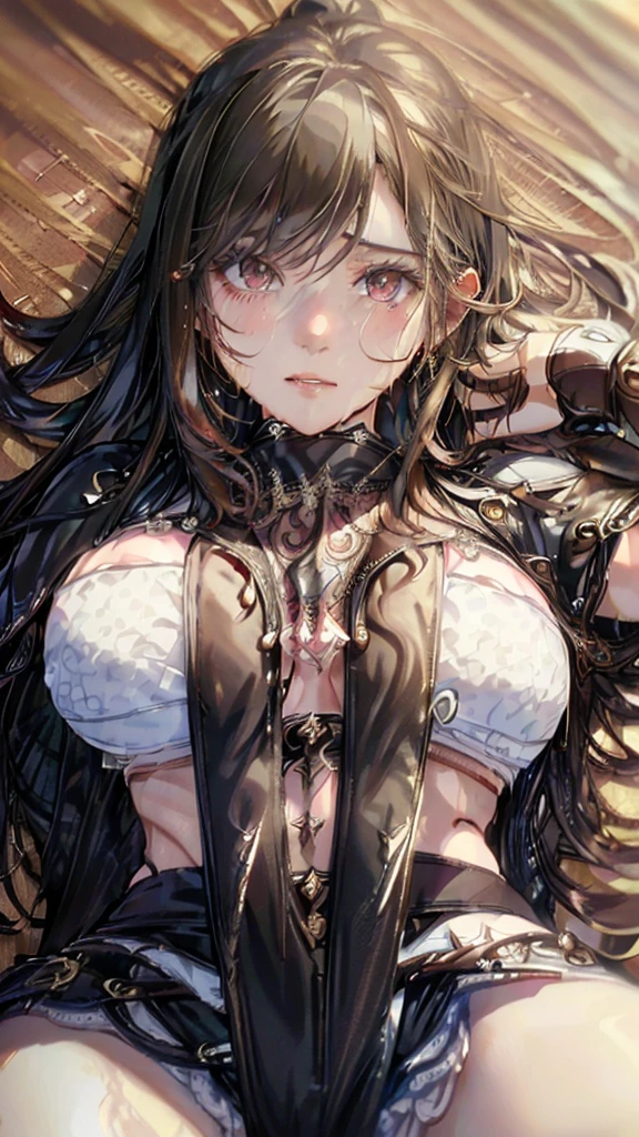 (The highest image quality, master piece:1.2), (Ultra Definition Illustration), (very beautiful matured queen, 45yo:1.3), nsfw, (captured, cave prison, in_prison:1.3), rpgroyal, (sleeveless gorgeous queen red dress:1.3), (armpits), arms behind head, blond wavy hair, (embarrassed, crying:1.2), spread leg, (bukkake, cum on face, cum on pussy:1.7)