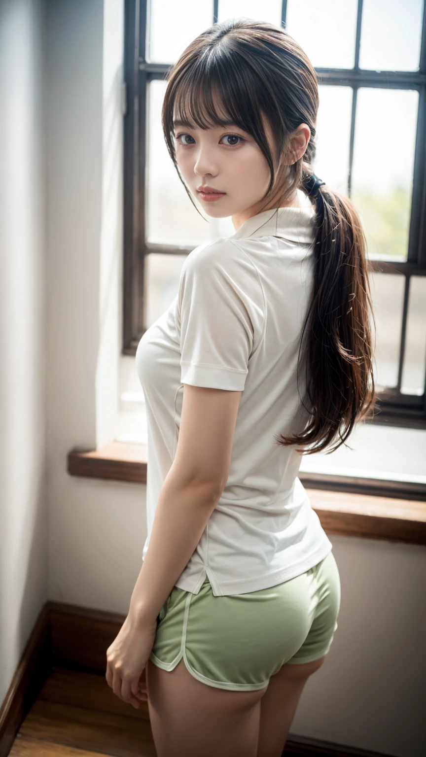masterpiece, Best Quality, 8K, 20 yo, huge breasts, cuddly, Solo, sad, Cute, Girly, Delicate girl, Neat and clean beauty, Raw photo, Professional Photography, Portrait, Soft light, Professional Lighting, Back lighting, Upper body, front view, Sophisticated, Film grain, (Eyes and faces with detailed:1.0), low ponytail, beautiful flowing hair, bangs, A tight polo shirt that expresses the roundness and softness of your chest., Colossal tits、Don't expose it,Protruding big, Erotic shorts, Standing Elegantly、beautiful thick legs