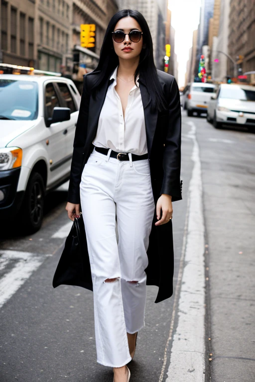 Woman white skin very long straight black hair , with denim pants and Mexican blouse sunglasses in New York