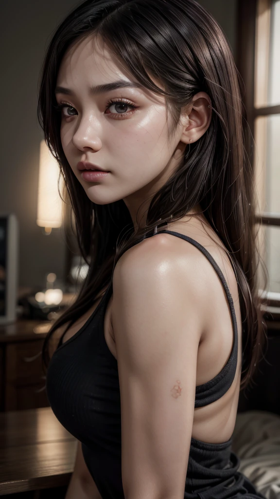 1girl, beautiful detailed eyes, beautiful detailed lips, extremely detailed eyes and face, long eyelashes, kpop idol, looking at viewers, tank top, beautiful detailed skin, glowing skin, natural lighting, soft warm colors, cinematic lighting, highly detailed, 8k, photorealistic, textured skin, super detailed, UHD, black hair, from side