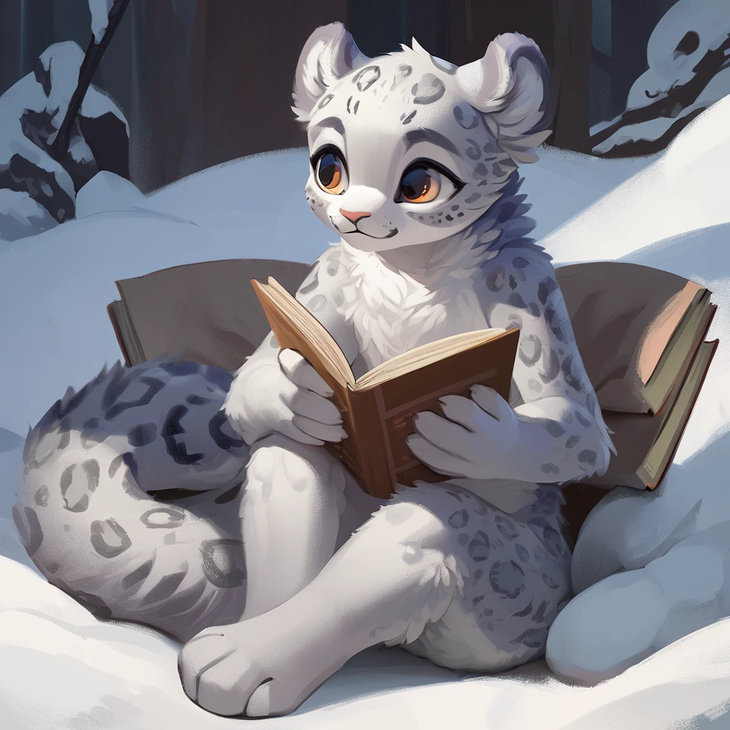 Cute Snow Leopard,Sit down and read a book,2D,pop,front,Large limbs,Very detailed, Concept Art, Character Design, figure, Highest quality, masterpiece,