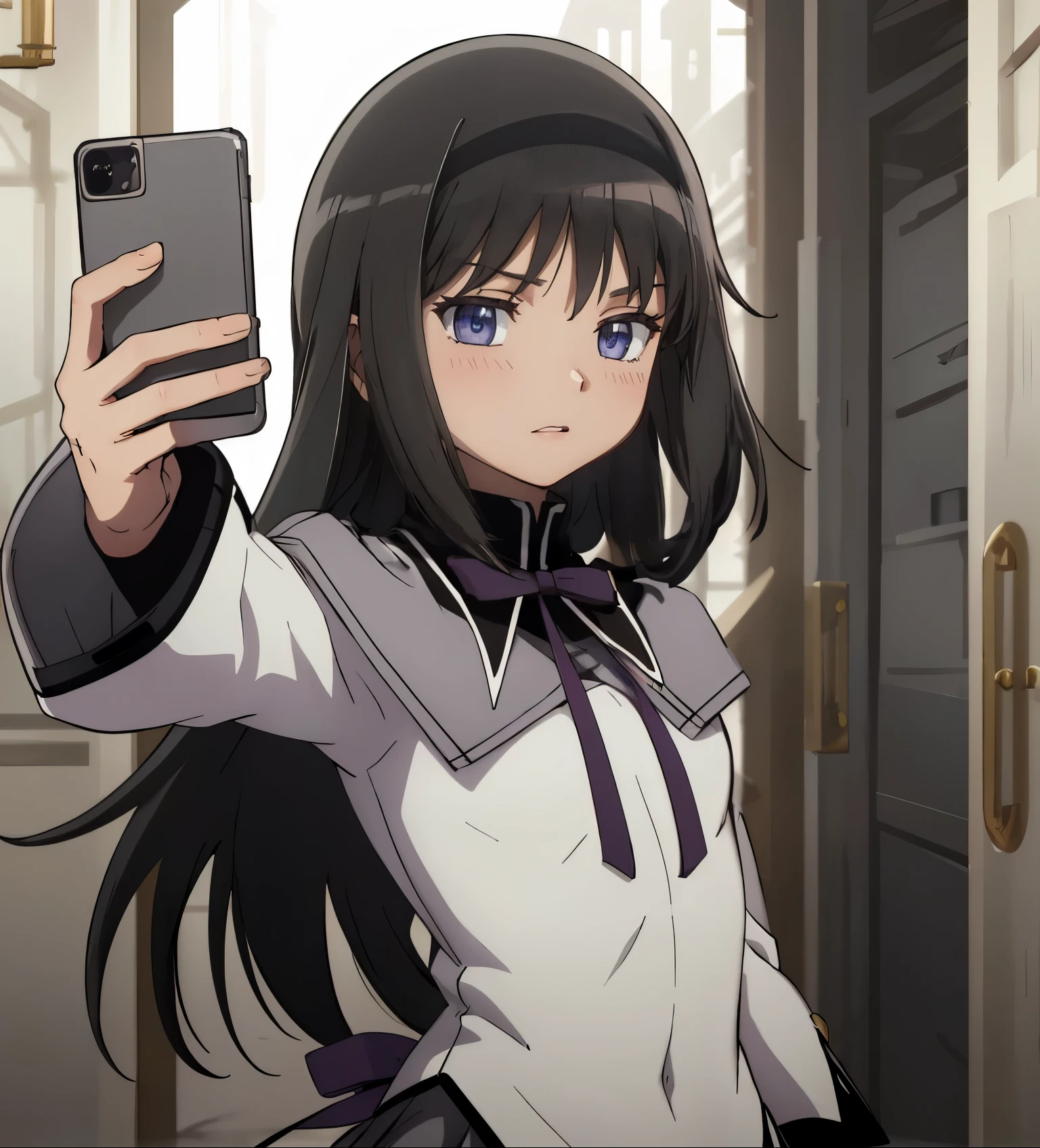 (masterpiece:1.2, best quality:1.2, beautiful, high quality, highres:1.1), 1girl, detailed, long hair, long black hair, long black hair, flowy uniform, white uniform, extremely detailed 4K, perfect eyes, perfect face, Madoka Magica, uniform, light clothes only, 1girl , circle arms, serious gaze, ready for battle, Madoka Magica uniform, full uniform, white clothes, gray clothes, fully clothed, showing body, upper body, selfie, combat face, brown shiny eyes, purple colored eyes, upper body, portrait, posing hands, calm face, happy attitude, posing, hands, arms, bangs, long hair, Homura Akemi, perfect eyes, dangerous, purple colored eyes, exotica, Homura Akemi LoRA, white dress, uniform, gray skirt, black leggings, flowy hair, beautiful view, background, sleeves, beautiful face, perfect lighting, (1girl, solo, adult female, mature female), thin, lithe body, Homura, black hair, (small breasts), ((sensual seductive))