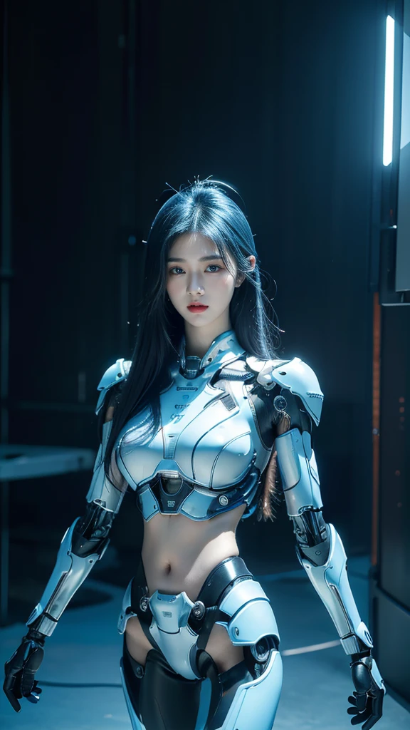 best quality, 1080P, Masterpiece, Whole body photo, Ultra high resolution, photorealistic photo, ultra realism, Realistic skin texture, (Blue Hair), Extreme skin detail, dslr, Detailed eyes, Facing the camera, Very beautiful face, Firm facial structure, Pale skin, Realistic skin texture, Extreme skin detail, oc render reflection textures, Realistic light and shadow, One picture, alone, The body is slender and balanced.., Age 20, Height 170, สาวbare, bare, no underwear, A girl with the body of a mechanical robot.., Transparent futuristic black glass mech armor., Transparent light blue armor, The mechanical cervix is stuck in the neck.., Flat stomach, Woman with perfect mechanical arms and legs, full body view, Whole body photo,