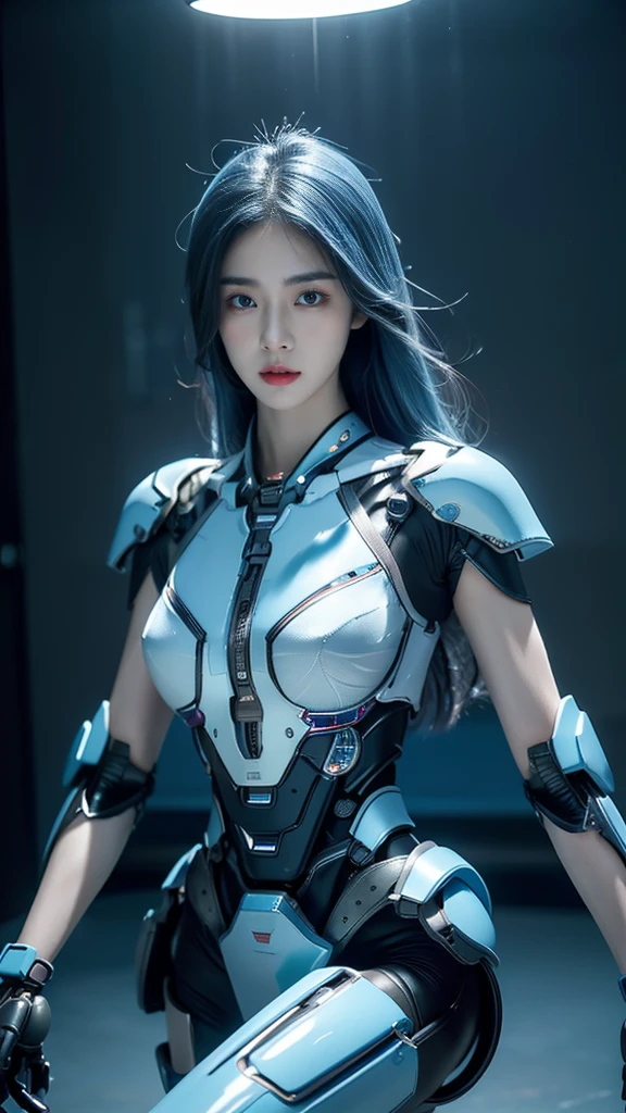 best quality, 1080P, Masterpiece, Whole body photo, Ultra high resolution, photorealistic photo, ultra realism, Realistic skin texture, (Blue Hair), Extreme skin detail, dslr, Detailed eyes, Facing the camera, Very beautiful face, Firm facial structure, Pale skin, Realistic skin texture, Extreme skin detail, oc render reflection textures, Realistic light and shadow, One picture, alone, The body is slender and balanced.., Age 20, Height 170, สาวbare, bare, no underwear, A girl with the body of a mechanical robot.., Transparent futuristic black glass mech armor., Transparent light blue armor, The mechanical cervix is stuck in the neck.., Flat stomach, Woman with perfect mechanical arms and legs, full body view, Whole body photo,