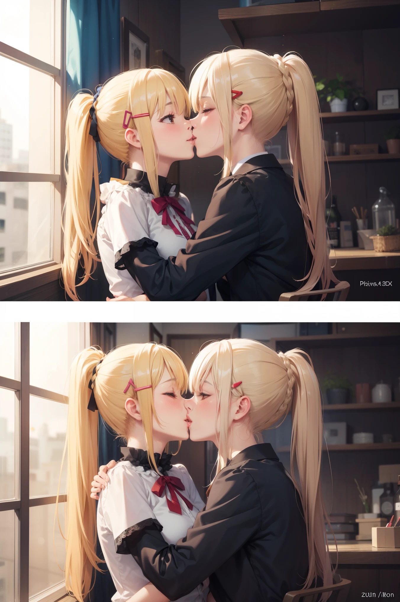 there are two pictures of a man and a woman kissing, kissing together cutely, realistic!!, at pixiv, happy!!!, top rated on pixiv, [ 4 k digital art ]!!, けもの, kissing together, pixiv, zerochan, popular on pixiv, exciting illustration, pixiv 3dcg, rule 34, blonde hair, long hair with pony tail, hair ornament, 