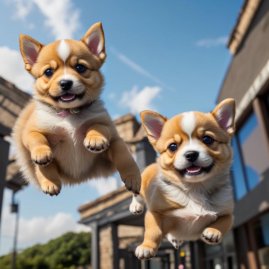 (a cute flying puppy,1 puppy,puppy flying through the sky,extremely detailed,high quality,photorealistic,beautiful fur,adorable face,big eyes,button nose,small paws,fluffy tail,glowing,ethereal,magical,dreamlike,vibrant colors,soft lighting,depth of field,cinematic)