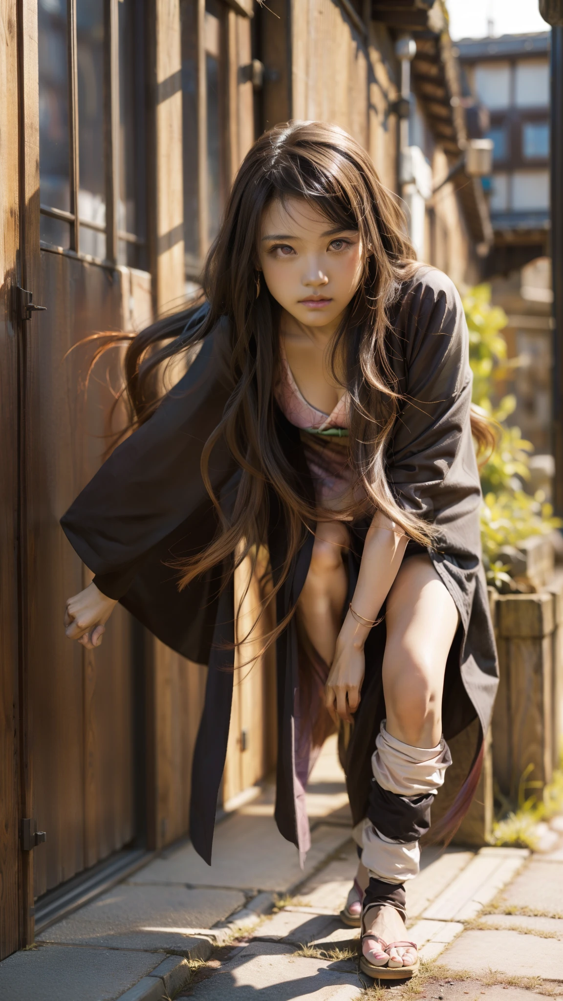 Cute Japanese woman, (), (Very cute face: 1.3), White moist skin, Looking at the camera, Melancholy expression,
BREAK,
Idol,
BREAK,
(Wearing cute kimono: 1.3), (Highly revealing kimono), Very large earrings, Short length,
BREAK,
(Fighting pose: 1.3),
BREAK,
(Long hair), (Pink hair: 1.2), (Wavy hair), (Gradient hair: 1.3), (Red hair at the ends),
BREAK,
(Realistic: 1.3), Masterpiece, Perfect lighting, (Ultra-high resolution), (8K), (Very detailed: 1.4), (From the front), (Full body: 1.4), (Symmetrical: 1.2),
BREAK,
(Shibuya city in Japan: 1.2),
BREAK,
(Demon Slayer: 1.4),
BREAK,
(Kasumi Arimura: 1.4),