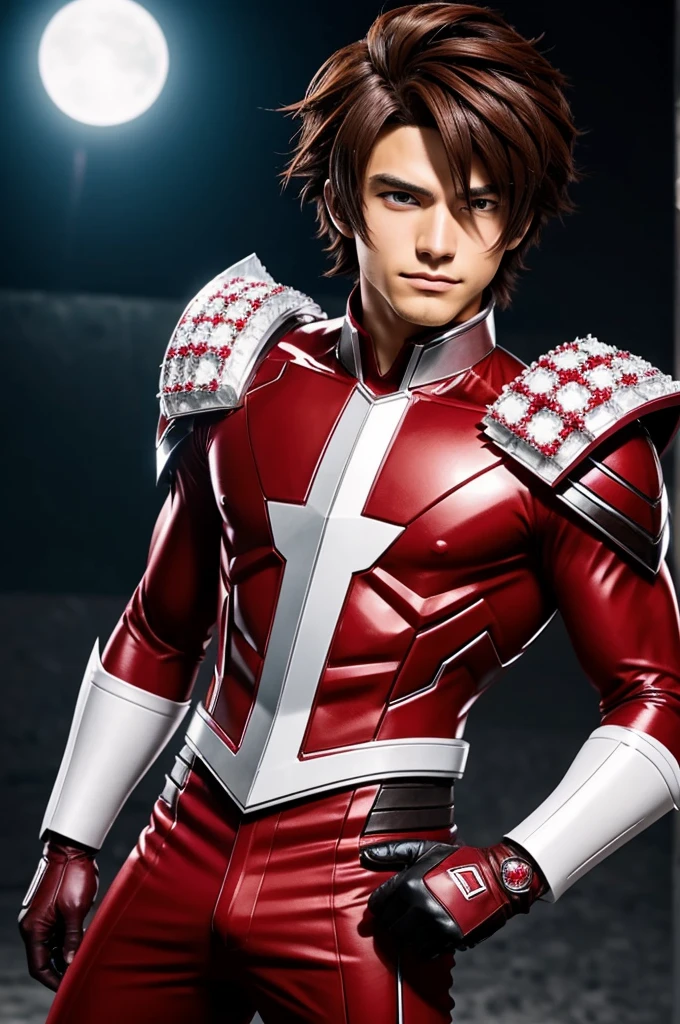 Create a boku no hero oc whose gift is to transform his blood into crystals and whose appearance has short brown hair and brown eyes and if the suit is red and white with crystals and gloves that is anime style
