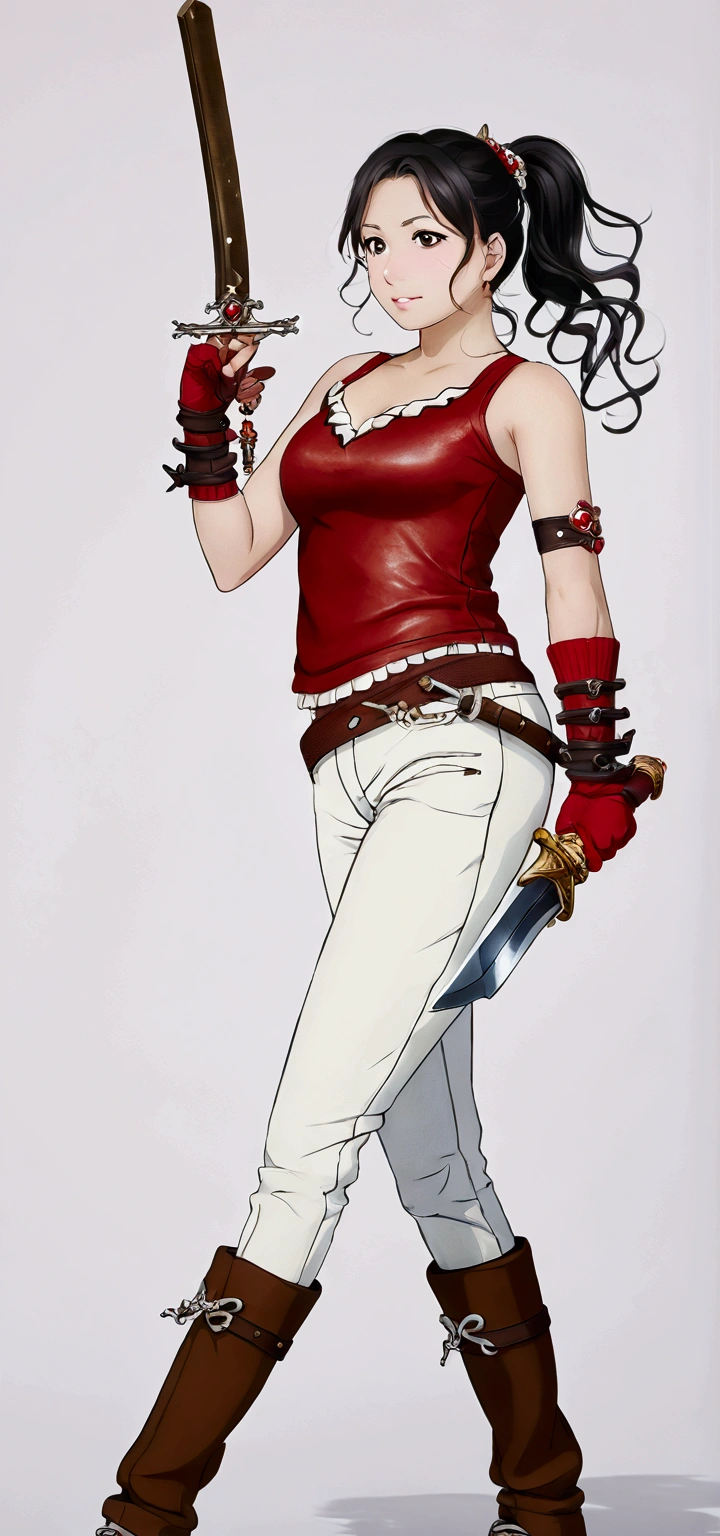 (Masterpiece), love live style, 1girl, black hair, ponytail,red tank top, white skinny pants, cleavage, brown elbow gloves, brown boots, sword 