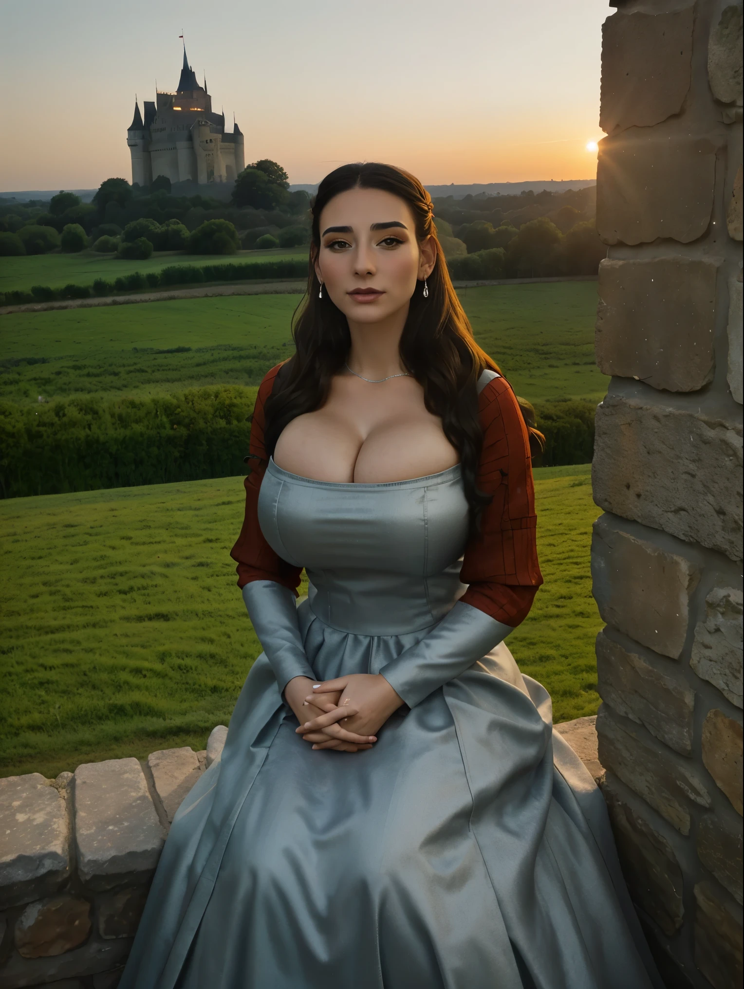 Gorgeous and sultry busty athletic (thin) brunette queen with sharp facial features wearing a modest updo, dark red medieval dress, long sleeves, intricate patterns, scrollwork, wide neck, crown, veil, long dress, modest dress, tight bodice, (silver waist chain), medieval jewelry, Middle Ages, castle, rampart, wall, exterior, on top of a castle wall, trees, countryside, evening, sunset.