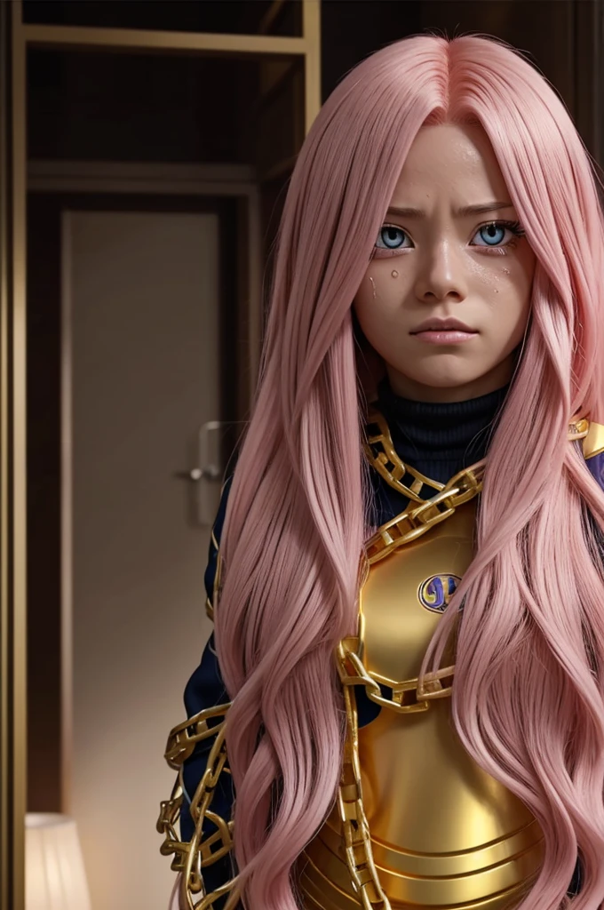 Screenshot of boku no hero academia beautiful woman with golden eyes long pink hair crying in a chained room