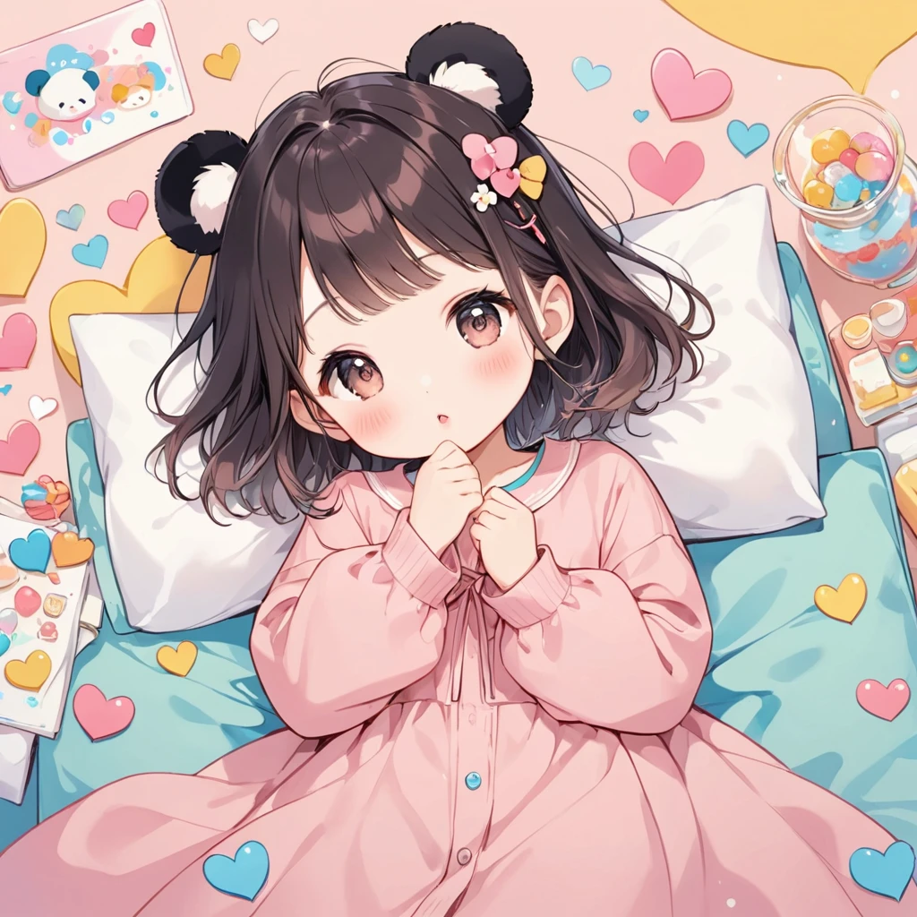 Hayao Miyazaki pastel color style, Simple Line Initialism，Abstract art，Urban Background, (((The most beautiful girl of all time))), chibi, Sweet face. Lips in love, colorful hearts, kawaii design, (((nap))), hospital bed, Panda