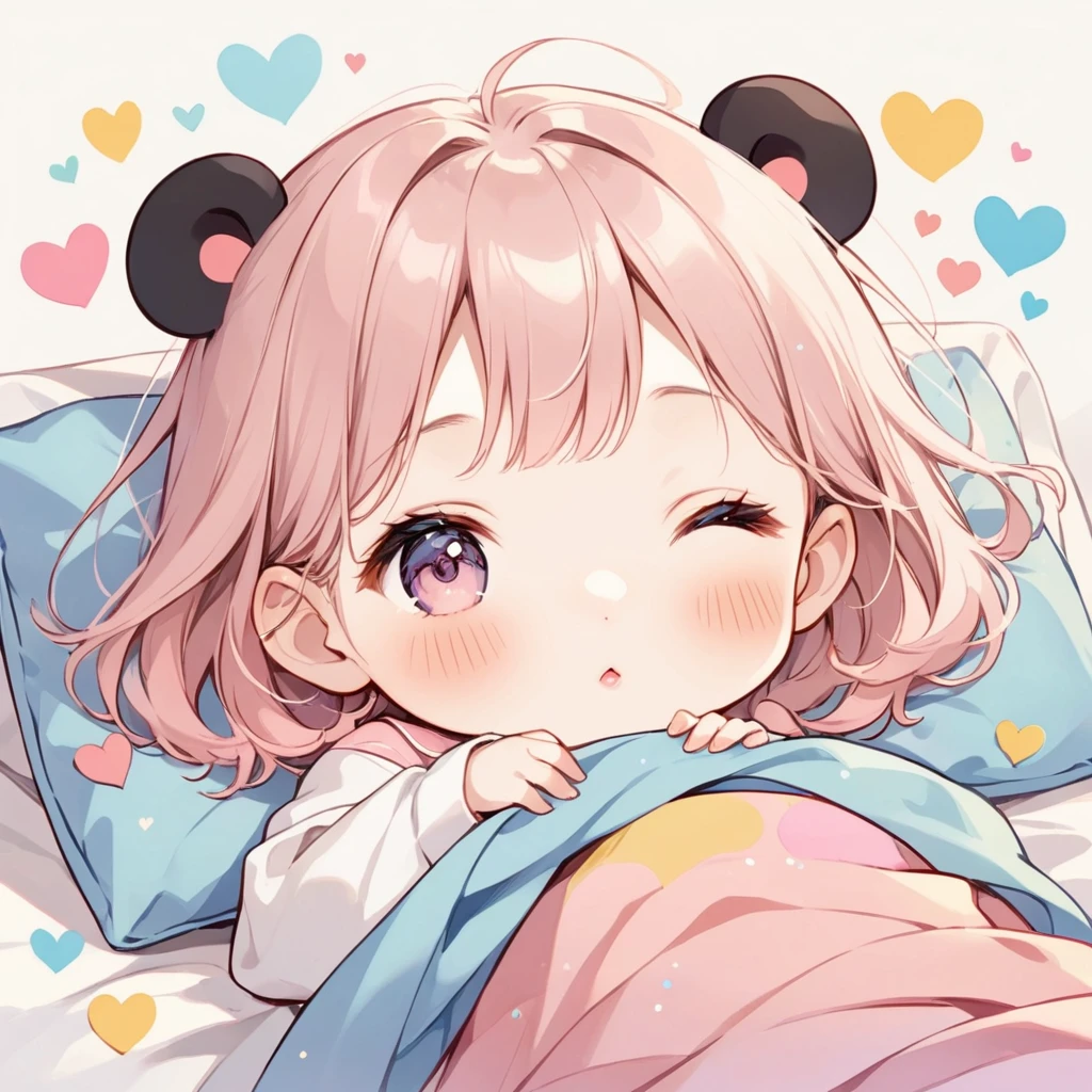 Hayao Miyazaki pastel color style, Simple Line Initialism，Abstract art，Urban Background, (((The most beautiful girl of all time))), chibi, Sweet face. Lips in love, colorful hearts, kawaii design, (((nap))), hospital bed, Panda