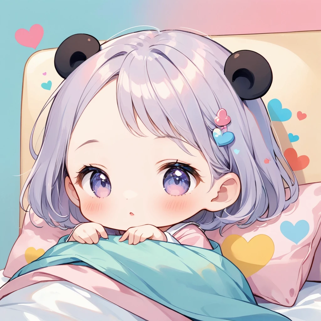 Hayao Miyazaki pastel color style, Simple Line Initialism，Abstract art，Urban Background, (((The most beautiful girl of all time))), chibi, Sweet face. Lips in love, colorful hearts, kawaii design, (((nap))), hospital bed, Panda