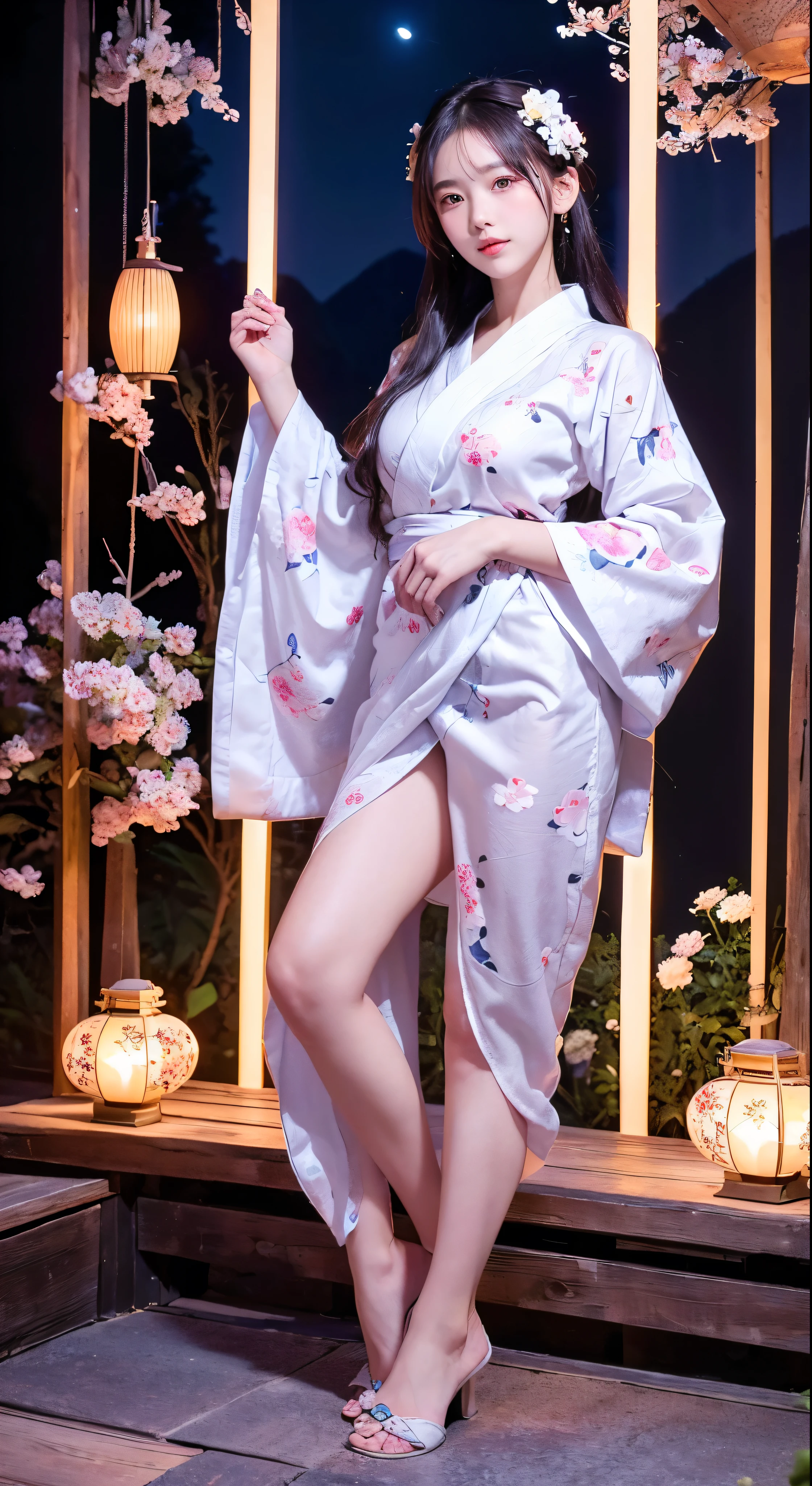 Highest quality、masterpiece、High resolution、1girl、Detailed face、(Full body high quality images:1.6)、In the moonlit forest、Mountains and Rivers、night、Firefly Light、Real、Rich in detail、(Yukata with white floral pattern:1.2)、(Beautiful body:1.4)、with high definition images，