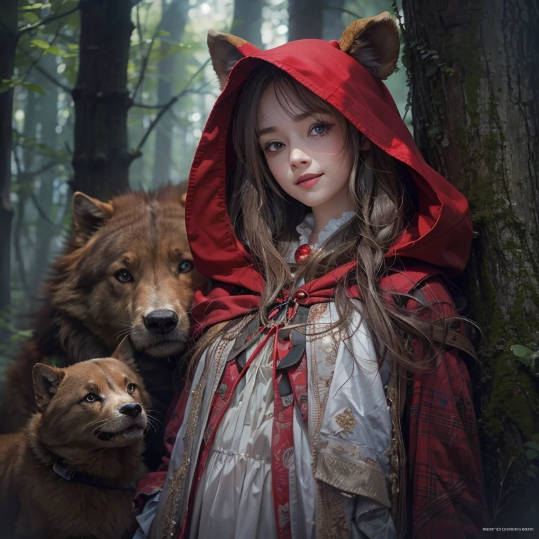 Standing in the forest、Hair Flow、 ((Highest quality、masterpiece、8k、Best image quality、Ultra-high resolution、Award-winning works)、(Accurate anatomy:1.1)、(Look at me and smile:1.1)、Shining fair skin with Ultra-high resolution、The most detailed face、Ultra-high resolution detailed face、Ultra-high resolutionの髪の毛、(Ultra-high resolution eye:1.1)、Beautiful face drawn in every detail、little red riding hood　Costumes , Chest to chest,  Strange atmosphere, There&#39;There&#39;s a real bear behind him, Dark Light, in the forest , Heavy makeup 